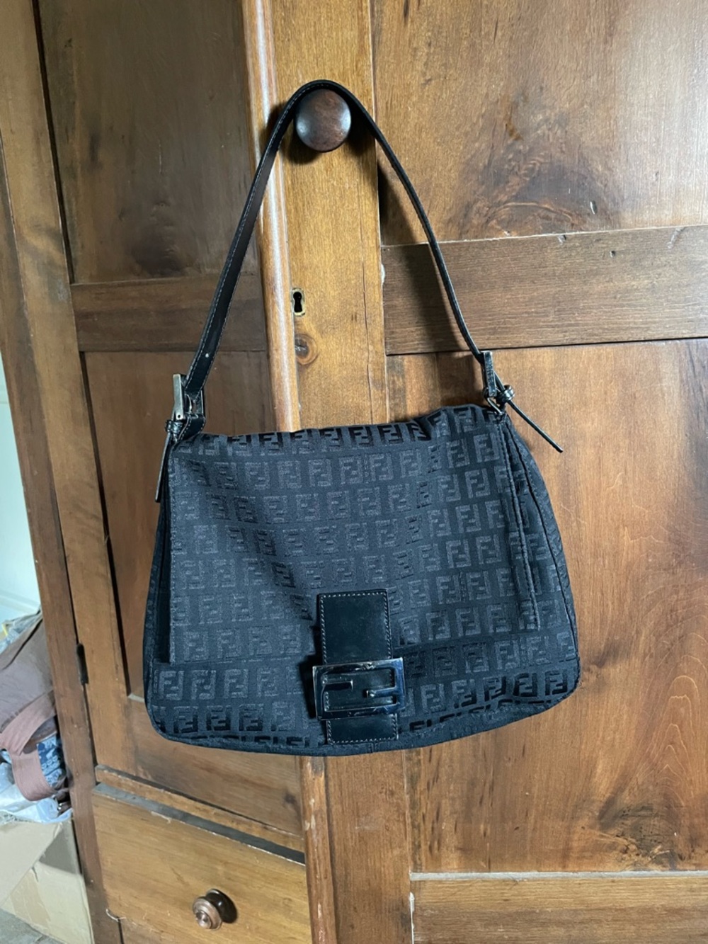 Fendi Black Monogram Zucchino Shoulder Bag with Buckle